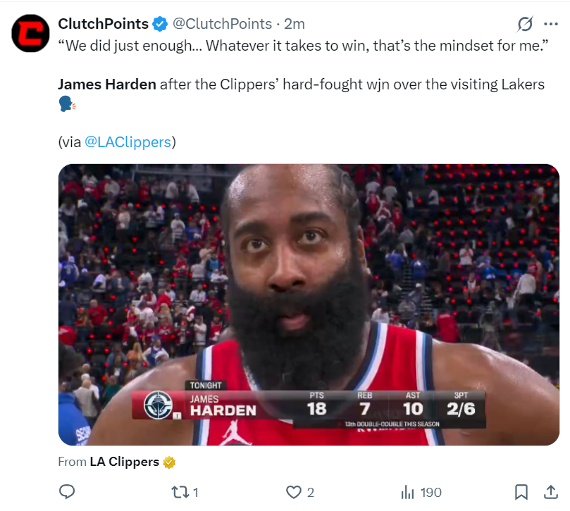 云开体育app下载-快船近17战14胜！21中6+7失误在场却净胜13分 哈登：我们还能进步